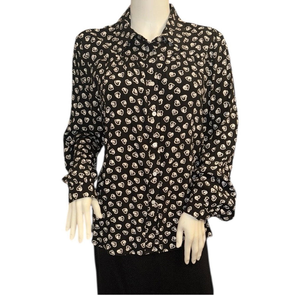 Loft Black and White Heart Print Button Front Rayon Blouse Large Petite